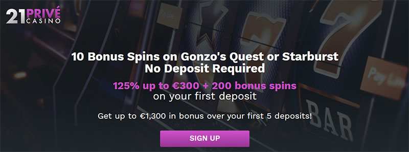 Der 21Prive Willkommensbonus: 10 No Deposit Spins plus 1.300€ Bonus und 200 Freispiele
